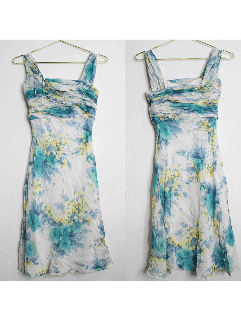BR Silk Blue Green Cream Watercolor Midi Sleeveless Dress - 0